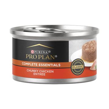 A can of Purina Pro Plan Complete Essentials chunky chicken entree wet cat food.