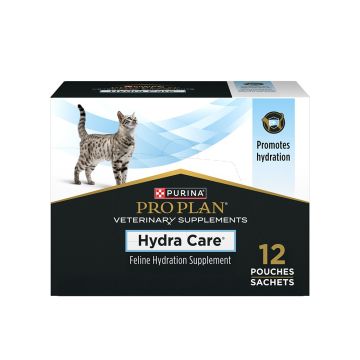 A 12 pouch case of Pro Plan Veterinary Supplements Hydra Care feline hydration supplement.