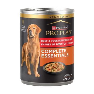 A can of Purina Pro Plan Complete Essentials beef and vegetables wet dog food.