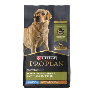 A bag of Purina Pro Plan Large Breed Weight Management Chicken and Rice Formula dry dog food.