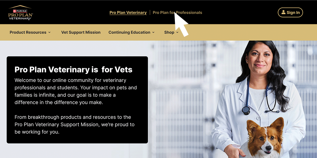 Animation of clicking on Pro Plan for Professionals tab from Pro Plan Vet home page.