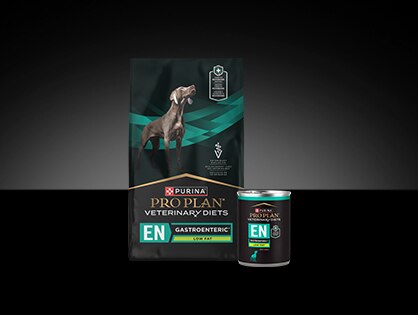 Pro Plan Veterinary Diet EN Gastroenteric&reg; Low Fat canine dry and wet formula packages.