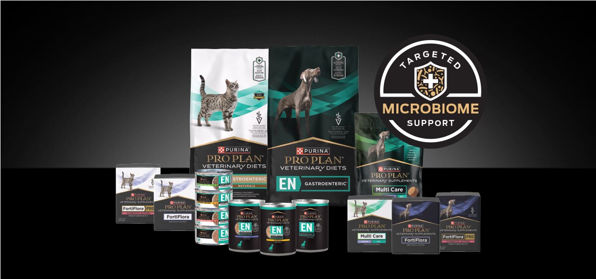 Lineup of Pro Plan Veterinary products with microbiome support.